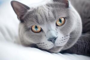 Russian blue cat lying on the bed. photo