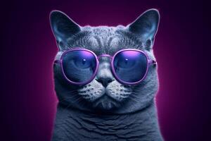 Close up of cat wearing pink sunglasses isolated on black background. photo