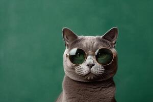 Russian blue cat wearing glasses. photo