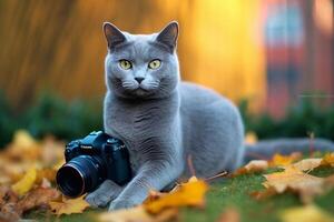 Beautiful gray cat sitting on the grass with a camera. photo