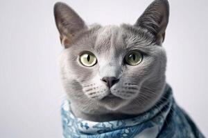 hermosa ruso azul gato vistiendo bufanda en blanco antecedentes. generativo ai foto