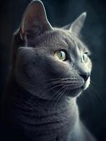 retrato de un hermosa gris gato en un oscuro antecedentes. generativo ai foto