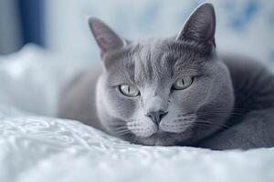 ruso azul gato acostado en el cama. generativo ai foto