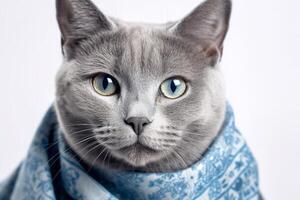 Beautiful Russian blue cat wearing scarf on white background. photo