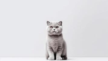 Cute Scottish fold kitten on white background with copy space. photo