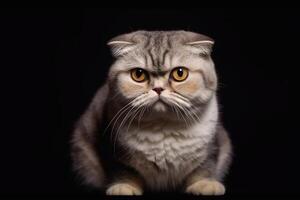 Portrait of a scottish fold cat on a black background with copy space. photo