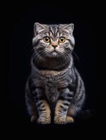 Studio portrait of beautiful scottish fold cat, isolated on black background. photo