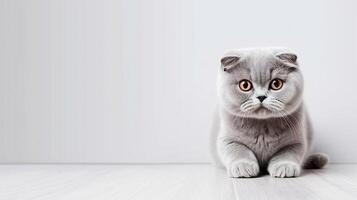 Cute Scottish fold kitten on white background with copy space. photo