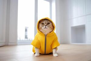 Cute cat in raincoat on floor at home. Autumn season. photo