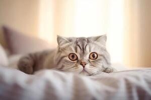 Beautiful Scottish fold lying on bed. photo