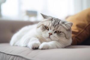 Beautiful Scottish fold lying on sofa. photo