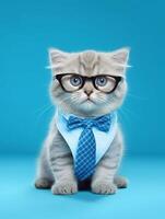 Cute Scottish fold wearing eyeglasses and scarf on blue background. photo