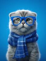 Cute Scottish fold wearing eyeglasses and scarf on blue background. photo
