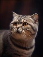 Cute Scottish fold kitten on dark background. close up. photo