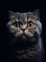 Cute Scottish fold kitten on dark background. close up. photo