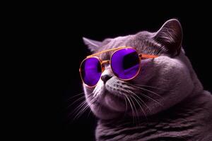 retrato de un británico gato con Gafas de sol en negro antecedentes. generativo ai foto