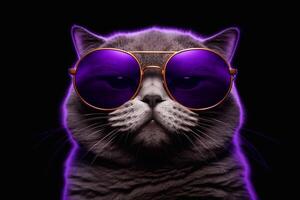 retrato de un británico gato con Gafas de sol en negro antecedentes. generativo ai foto