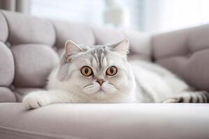 Beautiful Scottish fold lying on sofa. photo