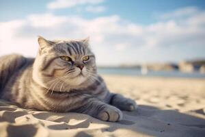 hermosa gato acostado en el arena en el antecedentes de azul cielo. generativo ai foto