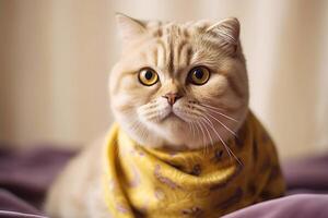 Beautiful Scottish fold wearing scarf on white background. photo