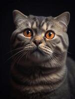 Cute Scottish fold kitten on dark background. close up. photo