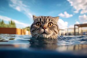 Cute cat swimming in swimming pool with blue sky and clouds background. photo