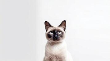 Siamese cat with blue eyes on white background. Copy space. photo