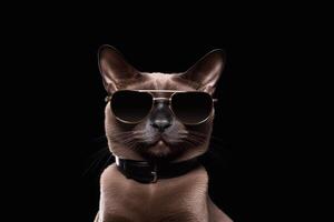 Siamese wearing black sunglasses on black background. photo