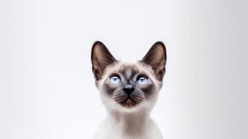 Siamese cat with blue eyes on white background. Copy space. photo