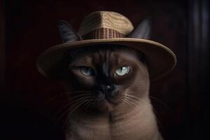 Portrait of a Burmese cat wearing a straw hat. photo