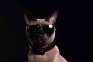 Siamese wearing black sunglasses on black background. photo