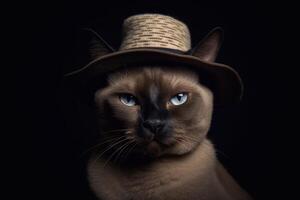 Portrait of a Burmese cat wearing a straw hat. photo