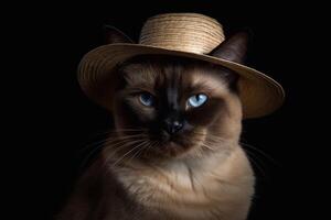 Portrait of a Burmese cat wearing a straw hat. photo