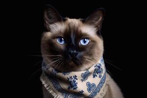 retrato de un siamés gato con azul ojos en un bufanda en un negro antecedentes. generativo ai foto