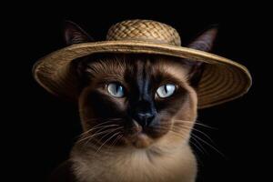 Portrait of a Burmese cat wearing a straw hat. photo