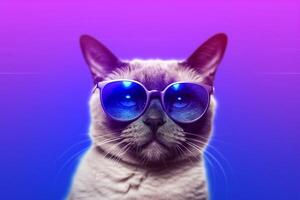 Portrait of a cat with blue sunglasses on a purple background. photo