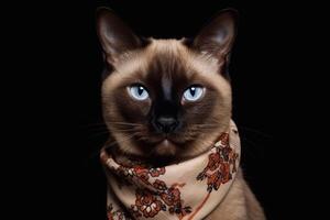 Portrait of a siamese cat with blue eyes in a scarf on a black background. photo