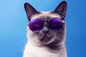 Portrait of a cat with blue sunglasses on a purple background. photo