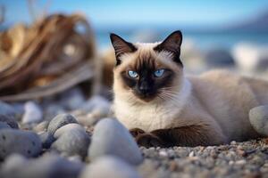 Siamese cat with blue eyes sitting on pebble beach. photo