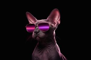 Portrait of a Sphynx cat wearing sunglasses on black background. photo