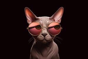 Sphynx cat wearing pink sunglasses on dark brown background. photo