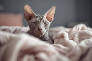 Cute Sphynk cat lying on the bed. photo