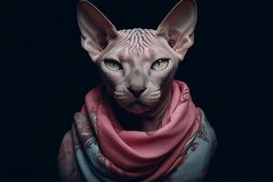 Portrait of a Sphynx cat with a scarf around his neck. photo