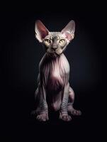 Adorable Sphynx cat on black background. photo