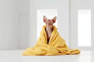 Adorable Sphynx cat in yellow sweater on floor at home. photo