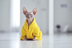 Adorable Sphynx cat in yellow sweater on floor at home. photo