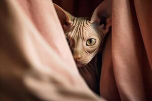 Close-up of a Sphynx cat hiding under a blanket. photo