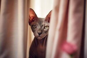 Close-up of a Sphynx cat hiding under a blanket. photo