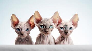 Tres sphynx gatos sentado en un blanco mesa en frente de un azul pared. generativo ai foto