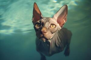 Portrait of a Sphynx cat in a swimming pool. photo
